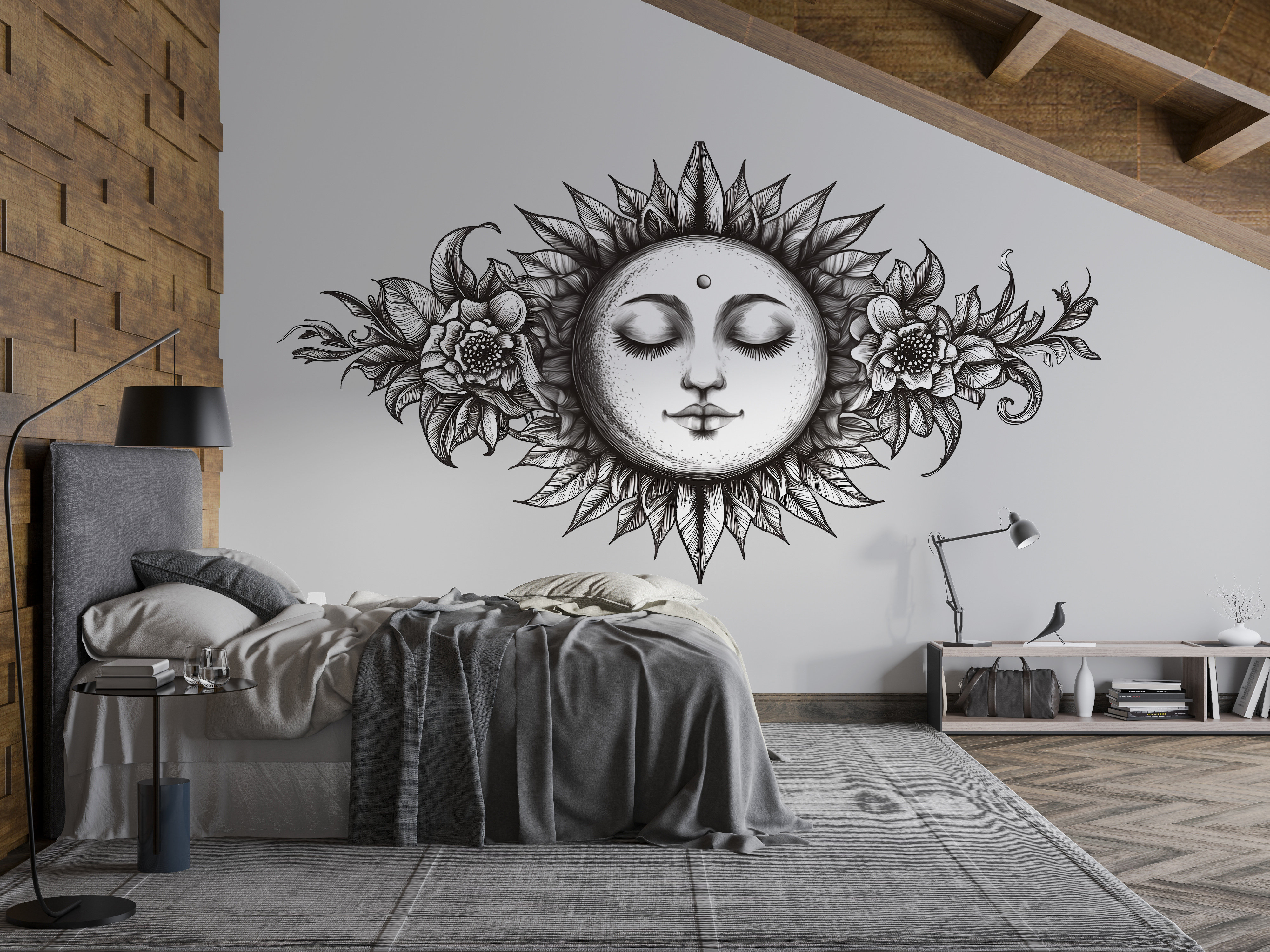 Trinx Moon Face Wall Mural Celestial Floral Line Art Boho Bedroom Decor ...