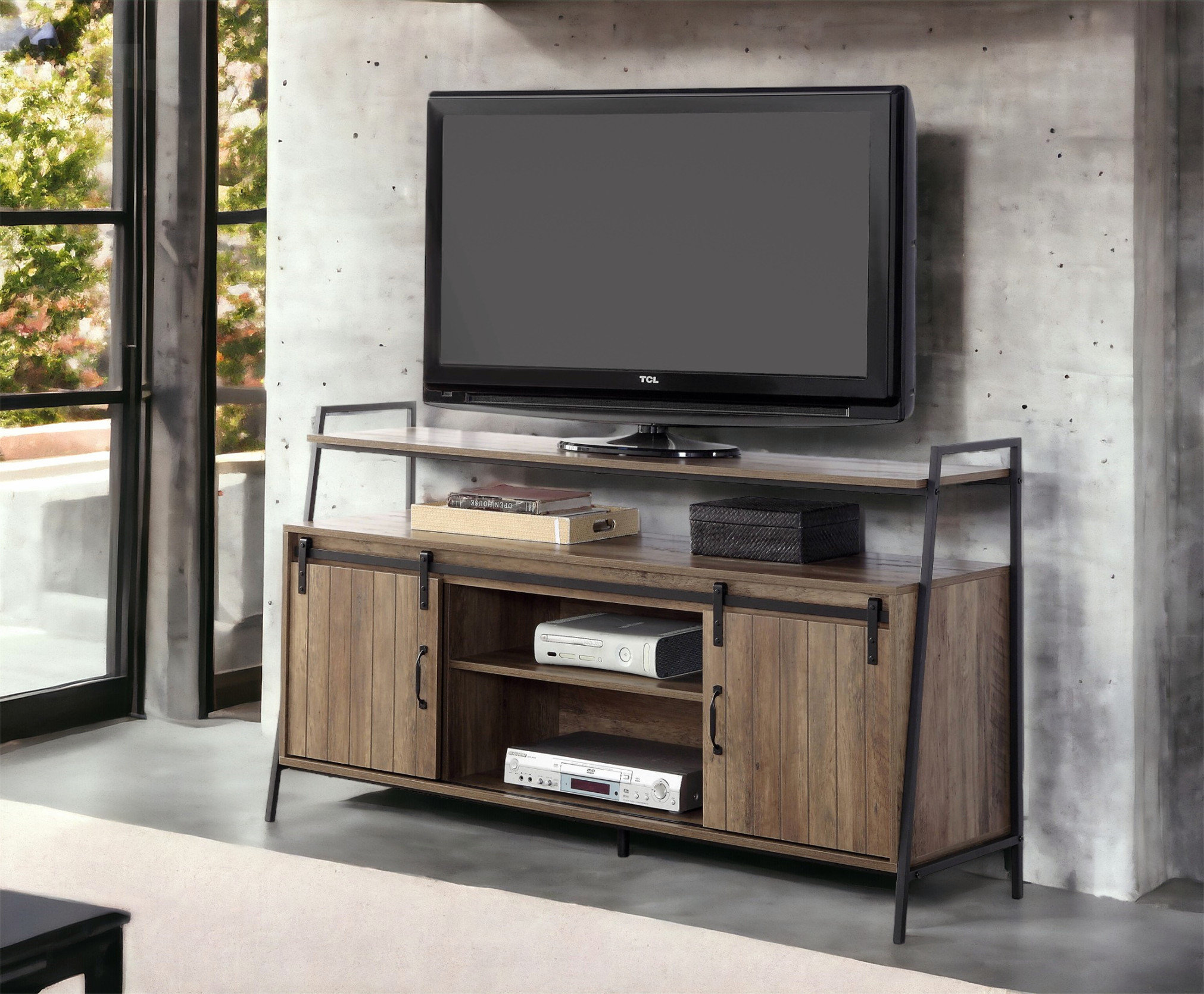 Gracie Oaks Rustic TV Stand with Sliding Barn Doors and Multiple ...