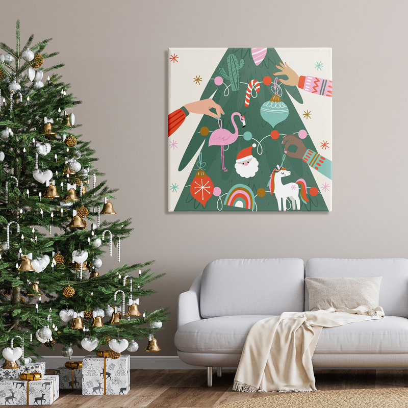 «People Decorating Christmas Tree», art texturé giclée noire par Angela Nickeas, H 36 po x l 36 po x P 1,5 po, Toile tendue