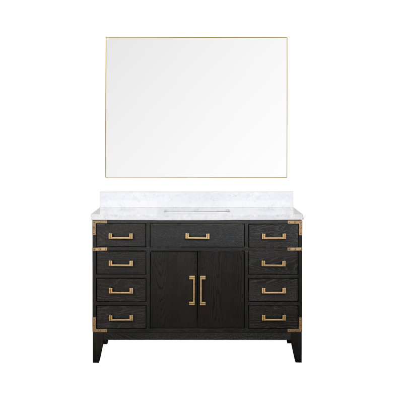 Meuble-lavabo simple en chêne noir 48 po X P 22 po D, plateau en marbre de Carrare et Miroir, Noir / Carrare