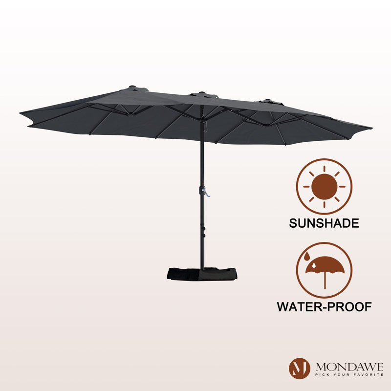 15 ft round patio umbrella 15ft Solar Double-Sided Extra Large Twin with Led Lights and Base this twin outdoor umbrella will provide roomy shading space for you to enjoy the coolness TANGKULA 15 FT Double-Sided Patio