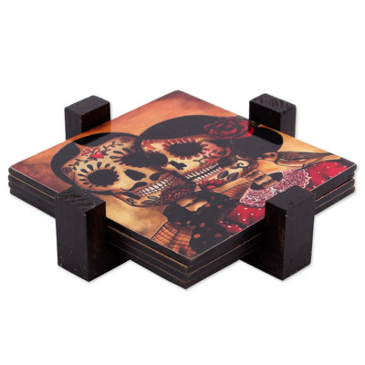 Wood 4 Piece Coaster Set With Holder