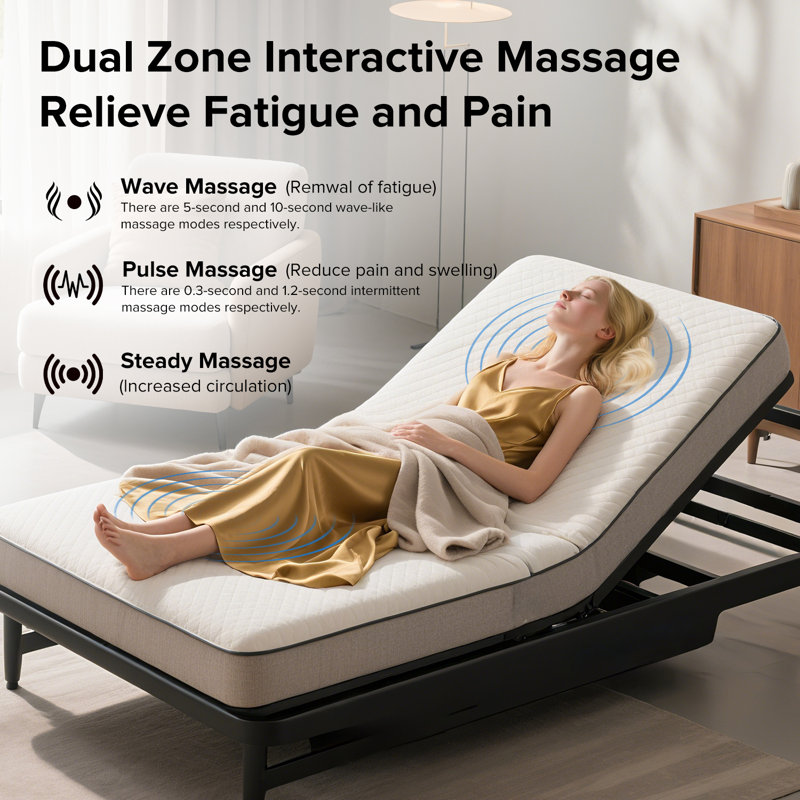 Base de lit réglable avec tête de massage et pied incliné, télécommande sans fil de taille XL, deux types de ports USB: Type-A et Type-C, veilleuse à DEL, 4 pieds réglables en hauteur Assemblage facile