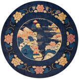 A Navy Blue Color With Florid & Beautiful Scenery as Design Antique Chinese Rug