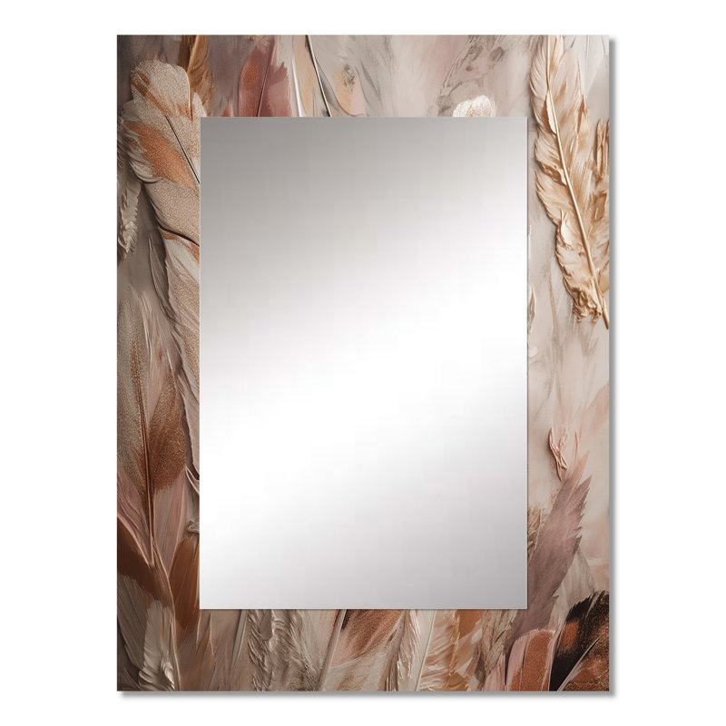 Gold Glamorous Feathers Of Boho Fantasy V - Glam Feather Mirror, Gold Unique Wall Mirror, Printed Metal Art, 32" x 24"