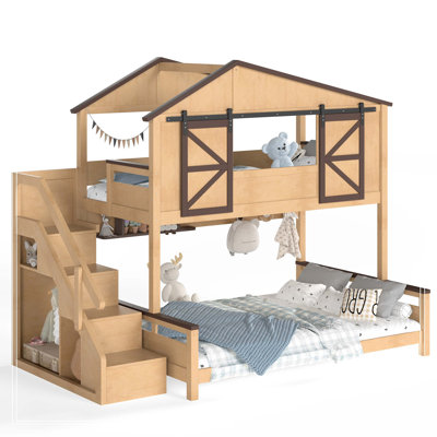 Twin over Full House Bunk Bed,  Bunk Bed with barn style sliding doors and Storage Shelves, Bunk bed with storage stair, Playhouse Bunk Bed for Kids Teens, No Box Spring Needed.Natural