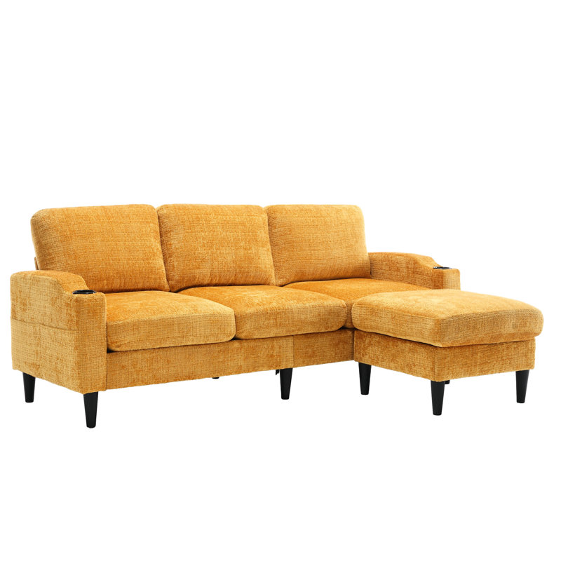 3 Chenille Sectional In Yellow, With Storage For Living Room Organization And Comfort , Soft Fabric, Yellow Chenille