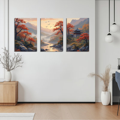 Autumn Landscape with Red Maple Trees and Pagoda Canvas Wrapped Wall Art, Oil Painting Print (Set of 3)