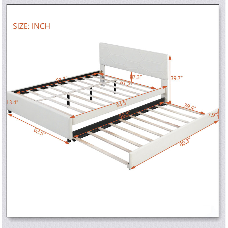 Lit plateforme tapissier avec tête de lit et lit gigogne à motif brique, alliant durabilité, style et espace de couchage supplémentaire pour les chambres à coucher modernes.