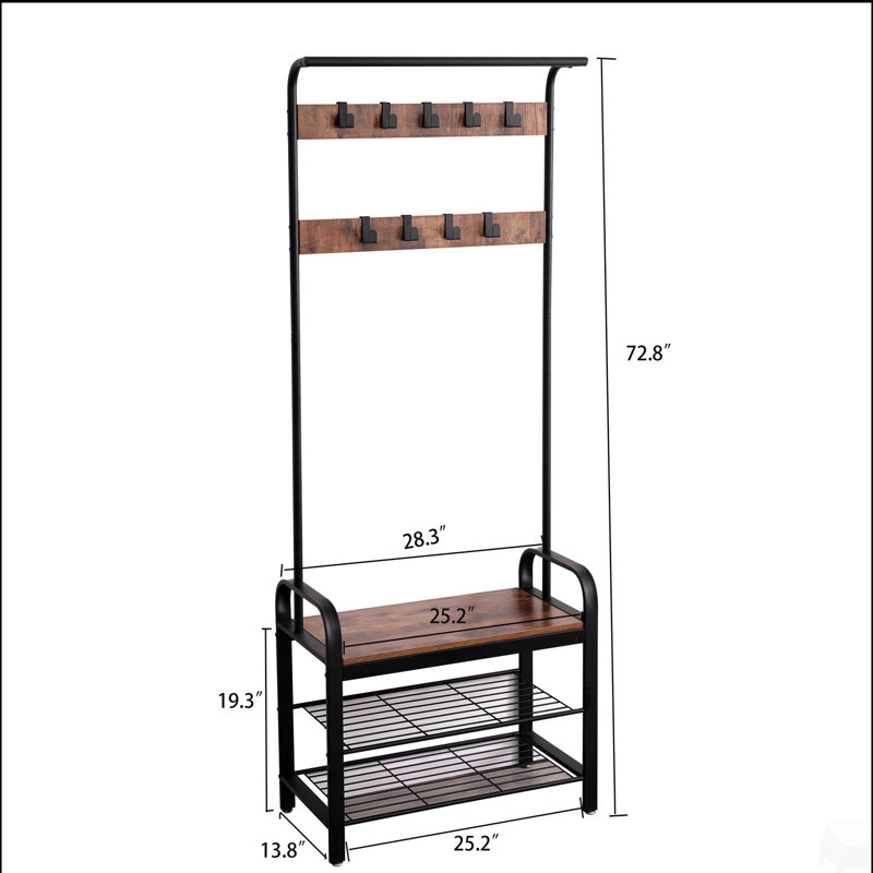 Coat Rack, Hall Tree with Shoe Bench for Entryway, Entryway Bench with Coat Rack, 4-in-1, with 9 Removable Hooks, a Hanging Rod, 13.8 x 25.2 x 72.8 Inches