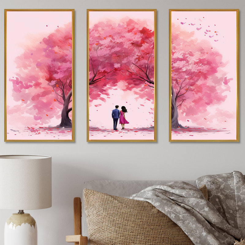 Couple Love Under The Tree I - Paysage romantique, art mural, H 28 po x l 36 po x P 1 po, Cadre flottant doré