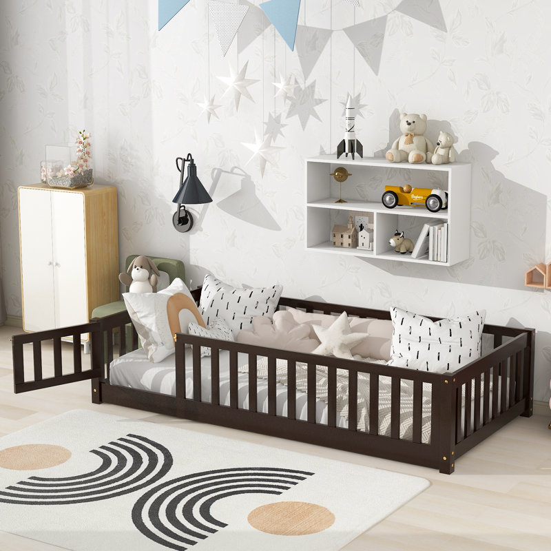 Twin Size Floor Bed with Fence & Door, Solid Rubber Wood Low Bed with Safety Guardrails and Slats for Kids,Espresso