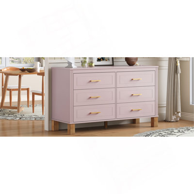 Commode double 6 tiroirs, armoire de rangement moderne avec poignées en métal et pieds en bois massif, organisateur de tiroir pour chambre d'enfant, commode en bois robuste avec préinstallé, rose