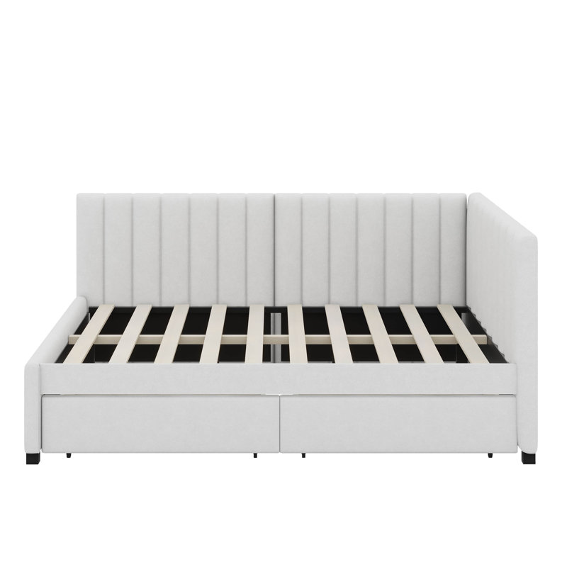 Full Size Upholstered Daybed With Storage Drawers, Beige