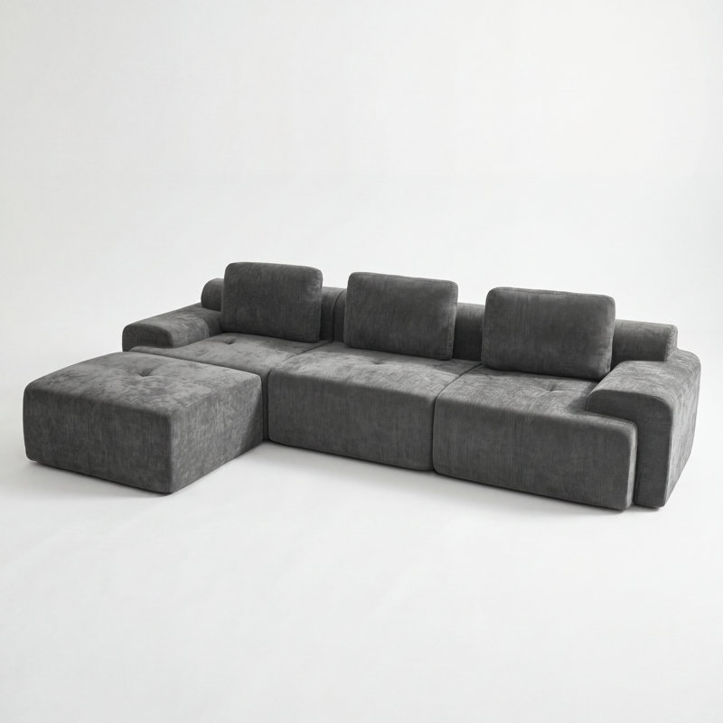 Canapé modulaire à compression de 122 po de largeur avec coussins modulaires et repose-pieds, Deep Grey Polyester