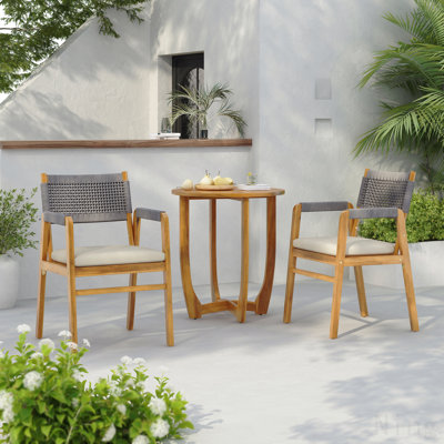Ensemble repas d'extérieur en bois d'acacia avec coussin, corde noire et teck 3 pièces
