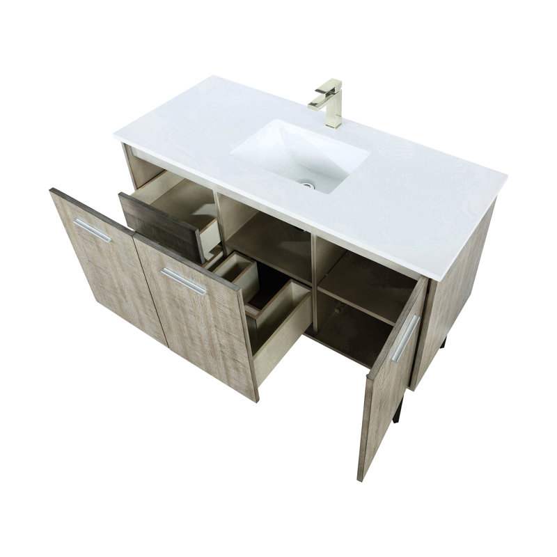 48 po L x P 20 po. Meuble-lavabo rustique avec plateau en marbre de culture et robinet en nickel brossé - pieds d'armoire à fermeture en douceur, grand espace de rangement avec tiroirs