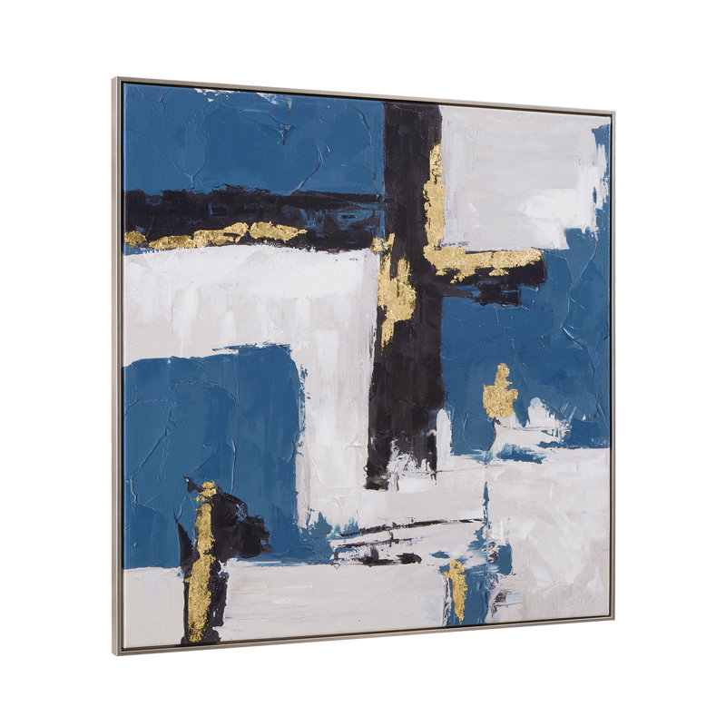Autour de l'art abstrait sur toile abstraite en bleu sarcelle, noir et or avec cadre argenté