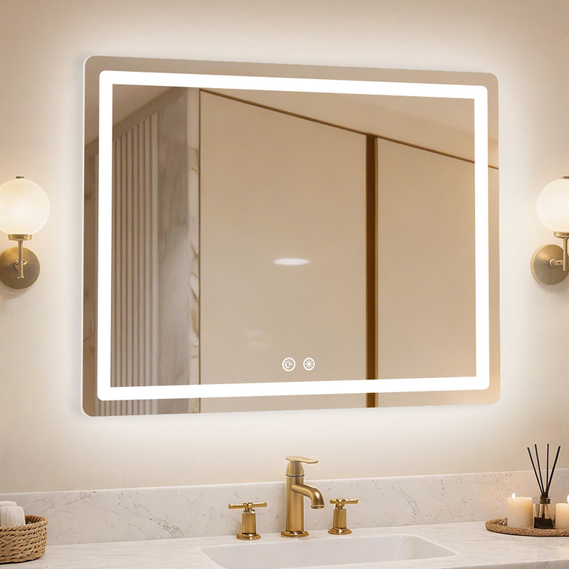 40"x28" Bathroom Led Rectangular Vanity Mirror, Front and Backlit, 3 Colors, Dimmable, Defog, 40"W x 28"H