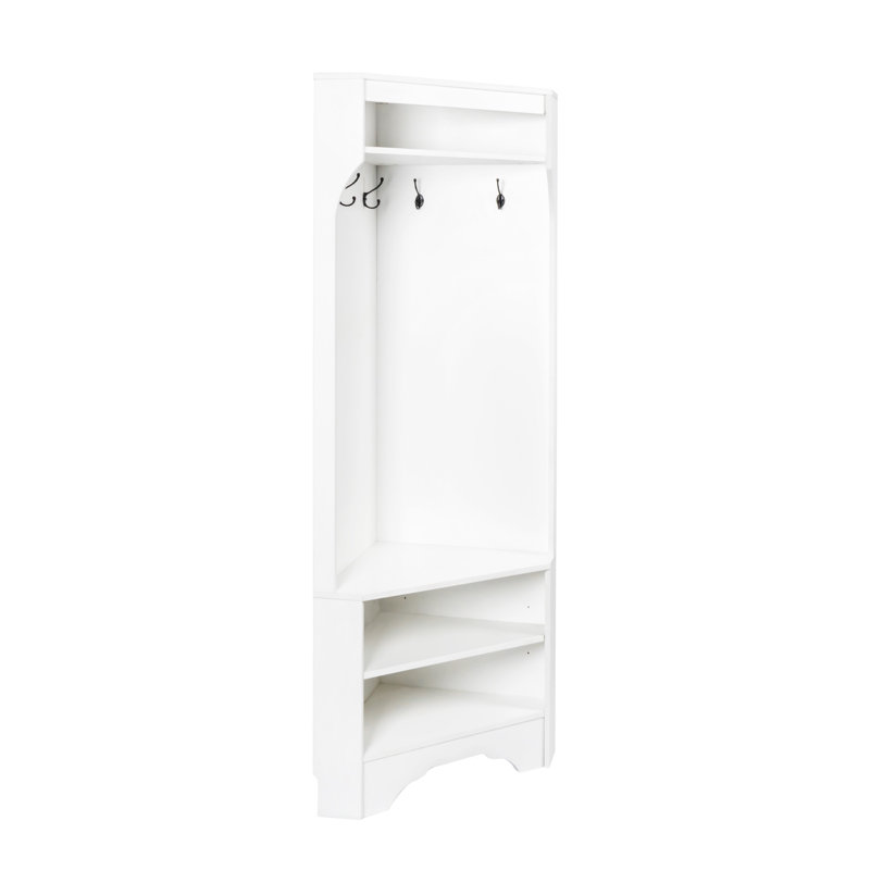 ON-TREND Minimalist Corner Hall Tree With Shoe Bench, Versatile Entryway Coat Rack With 4 Hooks, Corner Cabinet With Adjustable Shelf For Hallway, Living Room, White, 29.5''W*71.6''H