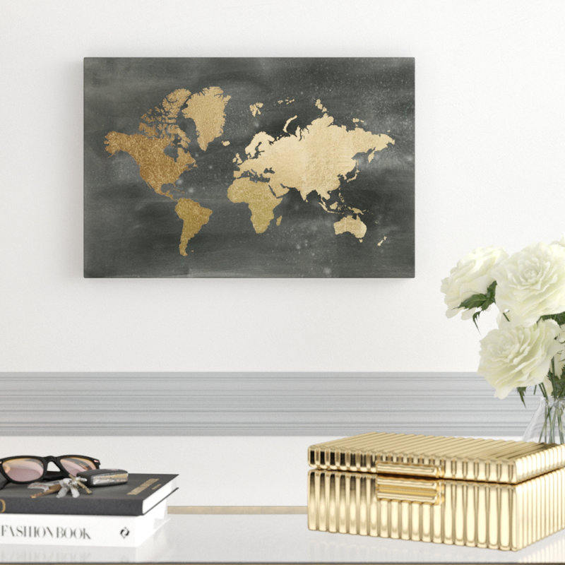 Gold World Map On Black Wash by Jennifer Goldberger - Print, Wrapped Canvas, 30cm H x 46cm W