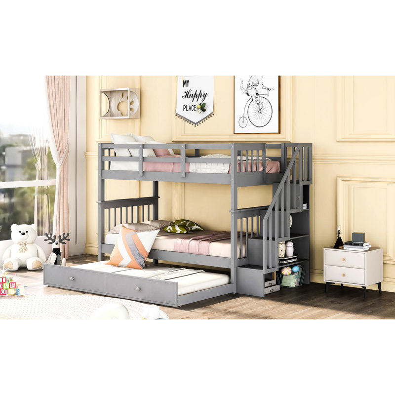 Lit superposé Twintwin en bois massif avec lit gigogne gris - Utilisation familiale sécuritaire