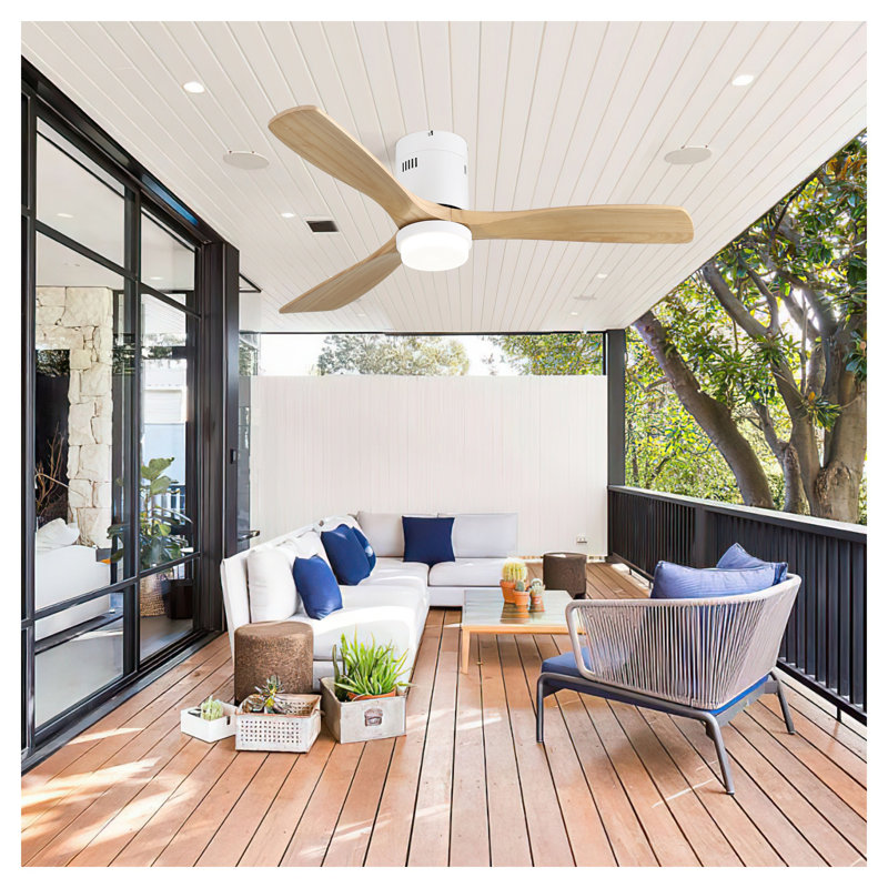 52 Inch Flush Mount Solid Wood Ceiling Fan with 18W Dimmable LED Light, Remote Control Reversible DC Motor