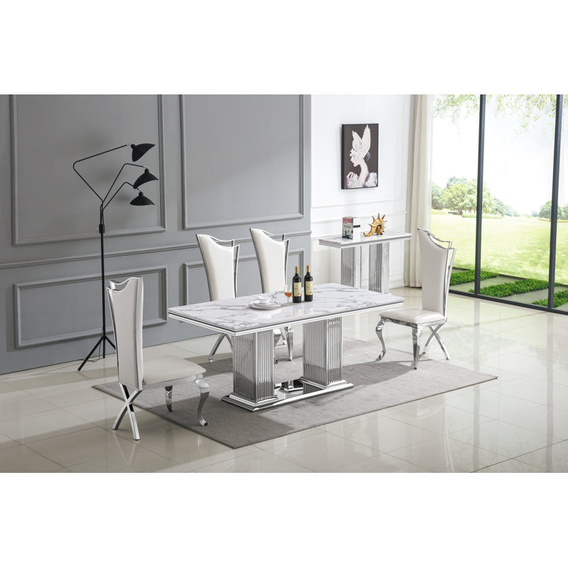 6 - Person Double Pedestal Dining Set, White, Silver, White/Silver