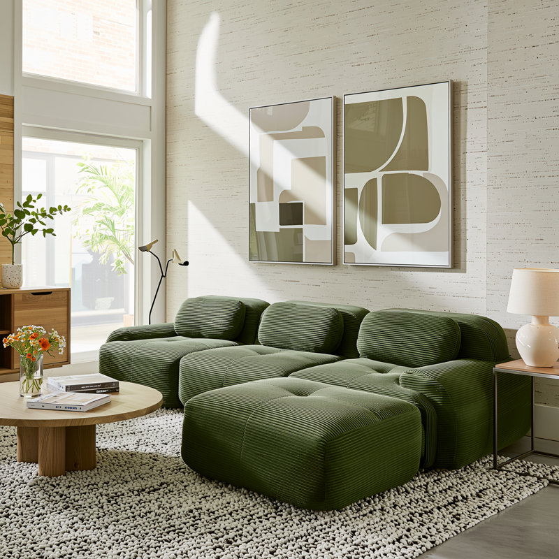 Canapé d'angle modulaire en velours côtelé vert olive, 116 po, assises profondes et accoudoirs incurvés, Vert olive