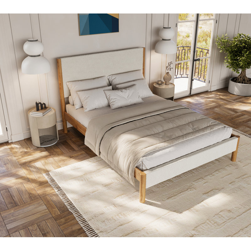 Ardin Solid Wood Bed Frame With Cream Boucle Upholstered Headboard And Footboard, King, Natural
