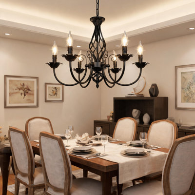 Matte Black, E12 Lamp Holder, Six-Head Farmhouse Candlestick Chandelier, Retro Industrial Style, Versatile Lighting Fixture For Multiple Spaces.