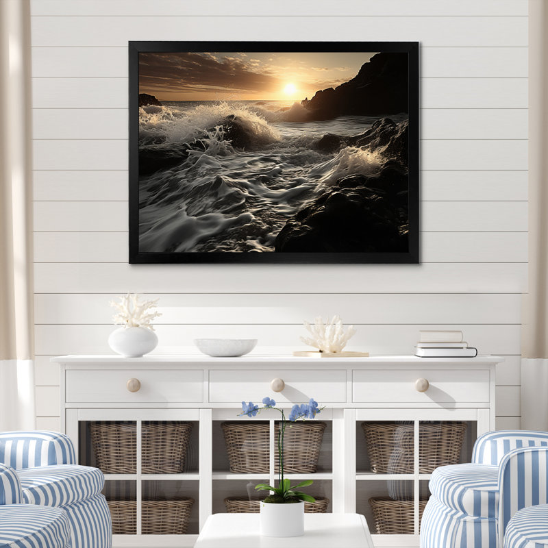 " Beach Photo Sunlit Waves VII ", 16" H x 32" W x 1" D, Black Single Picture Framed
