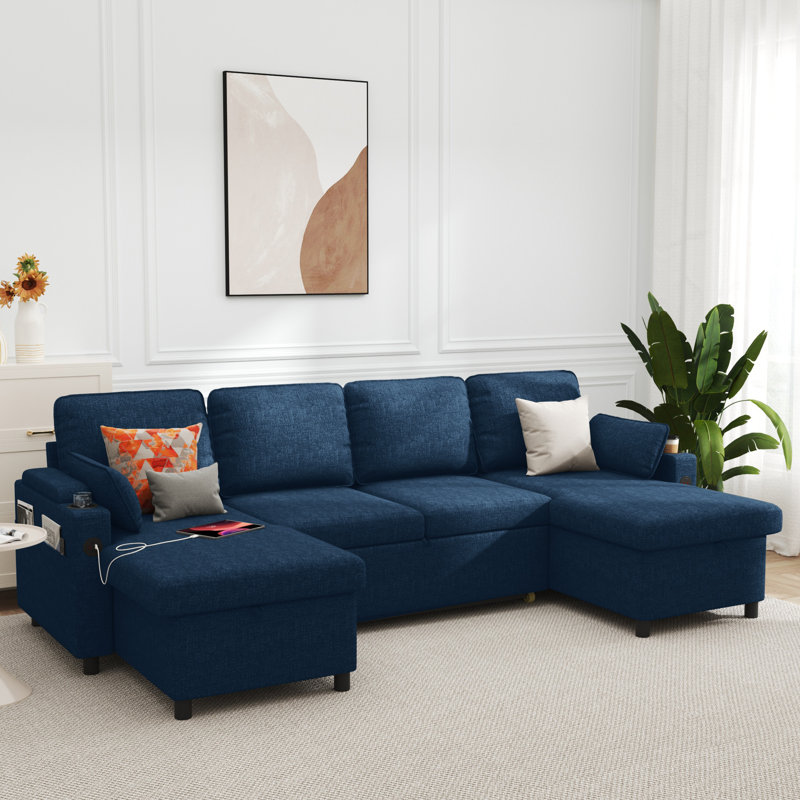 2 In 1 Sleeper Sofa Pull-Out Couch With USB Charging, Storage Chaise, Cup Holder For Apartment, Living Room, Blue