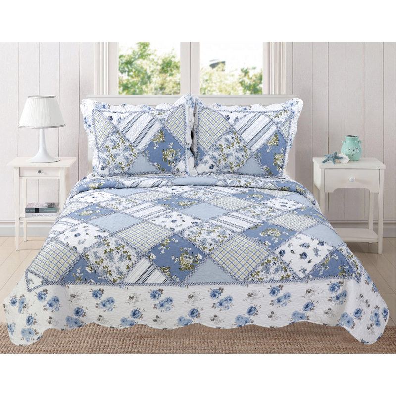 Ensemble de courtepointe réversible en microfibre bleu Fulvia, Courtepointe très grand + 2 taies décoratives