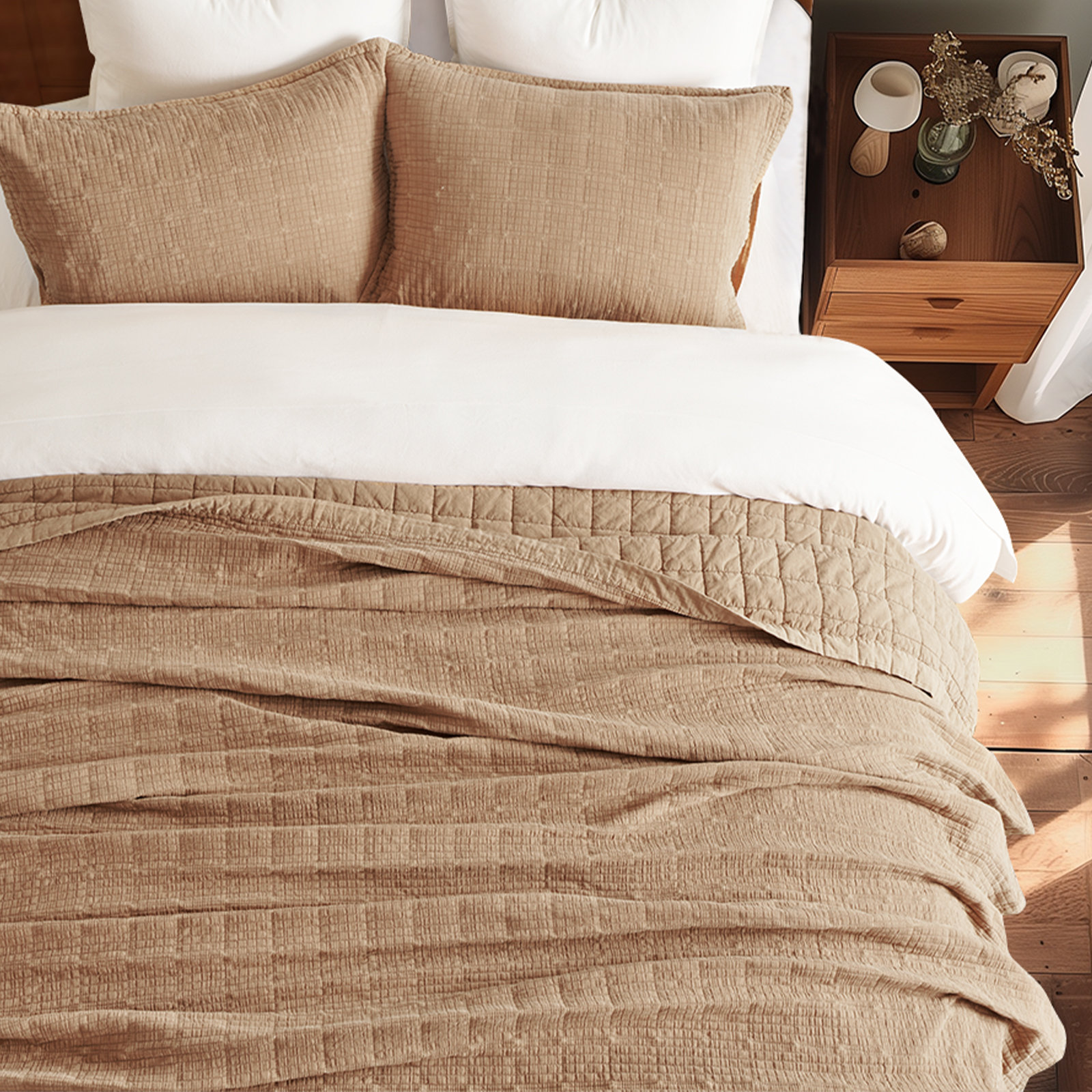 Crinkle Cotton Quilt Set, Burnt Orange, King Quilt + 2 King Shams