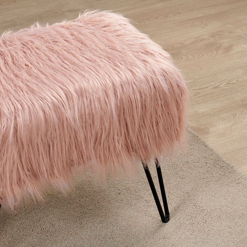 Keilia Upholstered Ottoman, Coral Pink Faux Fur