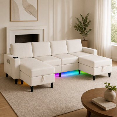 Canapé modulaire en U réversible 5 pièces avec repose-pieds de rangement, recharge sans fil et lumières RVB