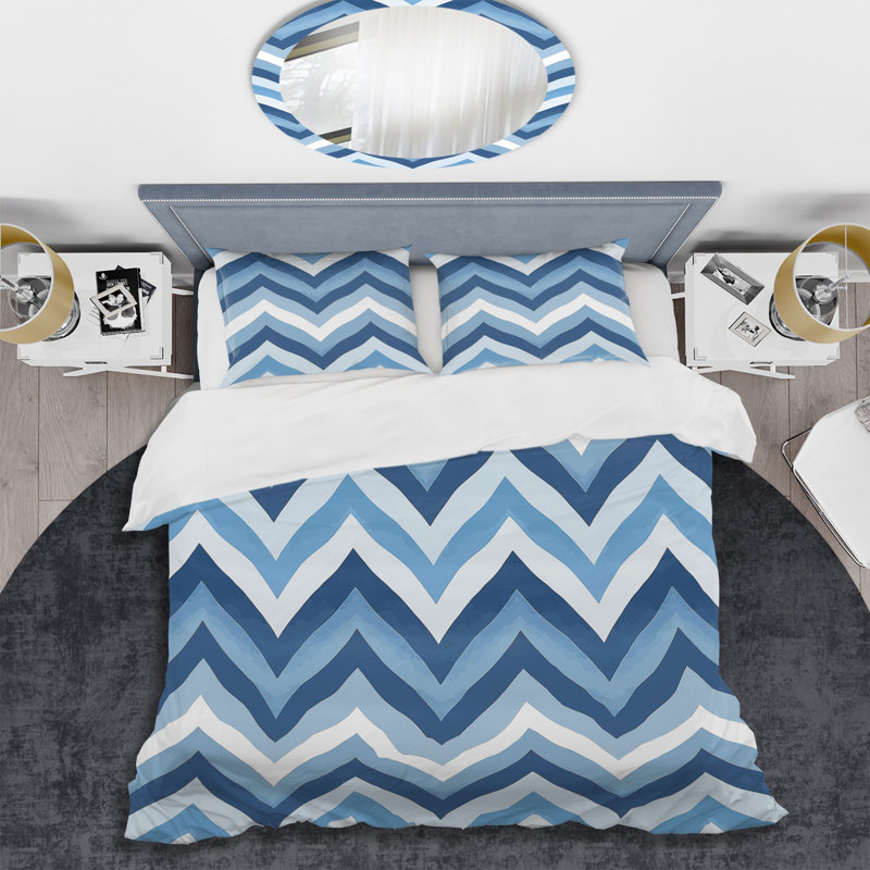 Ensemble de housse de couette moderne à chevrons bleu et blanc II, Housse de couette pour grand lit et 2 taies décor