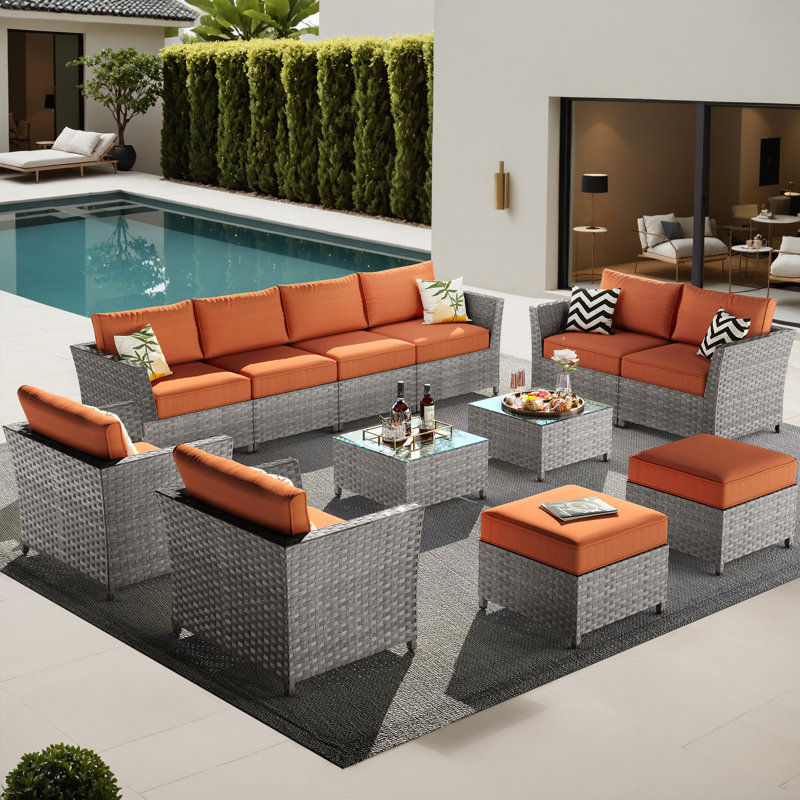 Cassville 8 - Person Patio Furniture Set, Outdoor Wicker Rattan Sectional Seating Group with Cushions, All Weather Sofa Conversation Set with Optional Fire Pit Table for Garden Backyard