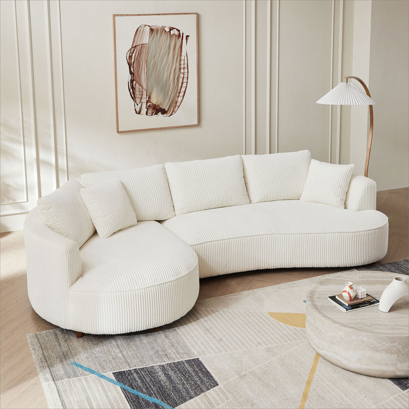 Oversized Sectional Sofa, Modern Couch with Chaise, White Corduroy, Left Hand Return