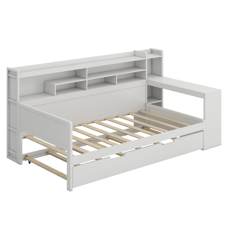 Wooden Daybed With Storage Shelves, Multi-Functional Bed With Trundle Bed And Study Desk, Antique White