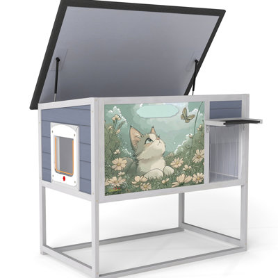Maison pour chat grise pour l'extérieur, abri, surélevé avec porte à rideaux, dessus escamotable et pour utilisation à long terme, pieds hauts, bois de pin, façade facile à nettoyer