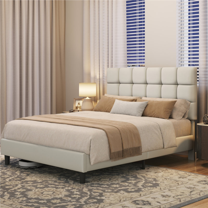 Size Modern Upholstered Bed Frame with Adjustable Square Tufted Headboard, Kingsize (5'), PU Leather/Cream
