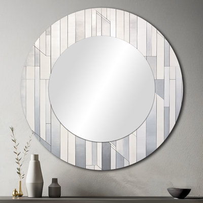 Grey White Platinum Parallels - Abstract Shapes Round Mirror Wall Decor