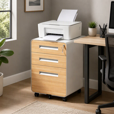 3-Drawer All-Steel Mobile File Cabinet with Lock, 360° Wheels, Fully Assembled, A4/Letter/Legal File Storage, Wood Grain Finish for Home Office