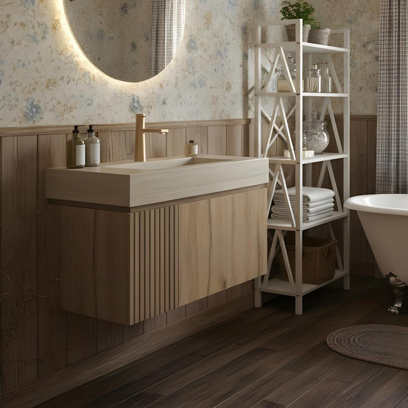 Meuble-lavabo 30 po avec tiroirs et lavabo, Chêne blanc, 29", Beige