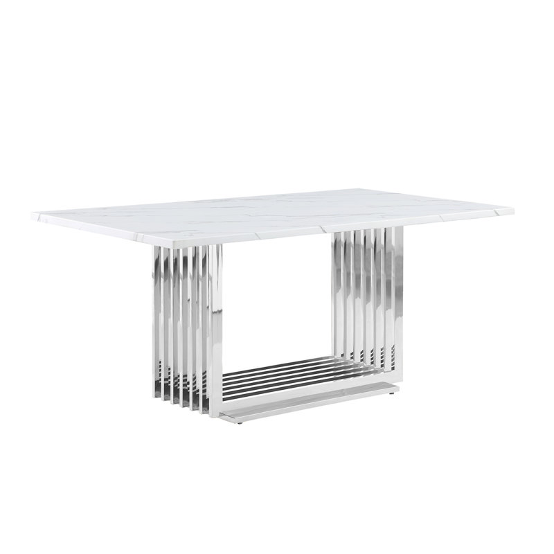 Keera White Marble Dining Table, Silver, 30" H x 68" L x 38" W