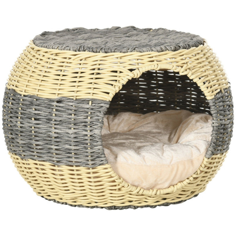 Wicker Cat House, Raised Rattan Cat Bed, Cozy Kitten Cave with Washable Soft Cushion