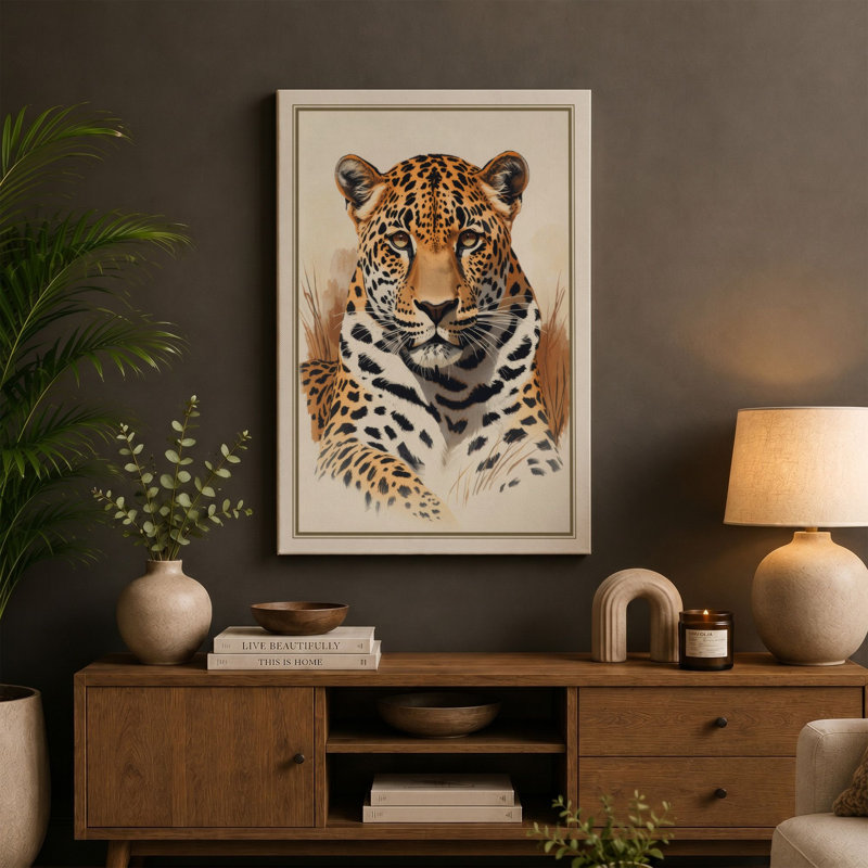 Leopard in Stillness Boho - Wrapped Canvas, 24x16 - 61.0 x 40.6 cm, Black Border