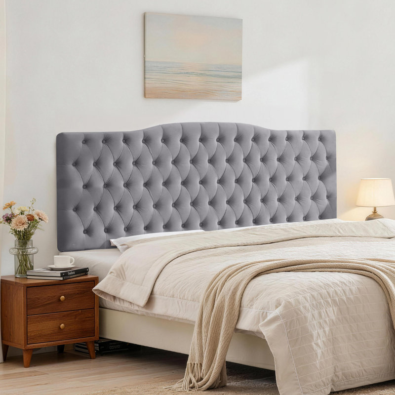 Aveigha Arched Upholstered Headboard, Gray Velvet, Queen